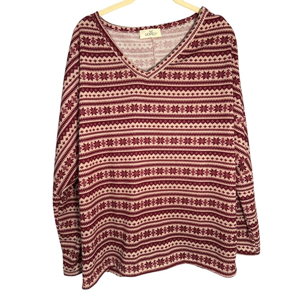 Hopely Boutique Top Maroon & Tan Snowflake Pattern Size Large Oversized NWOT